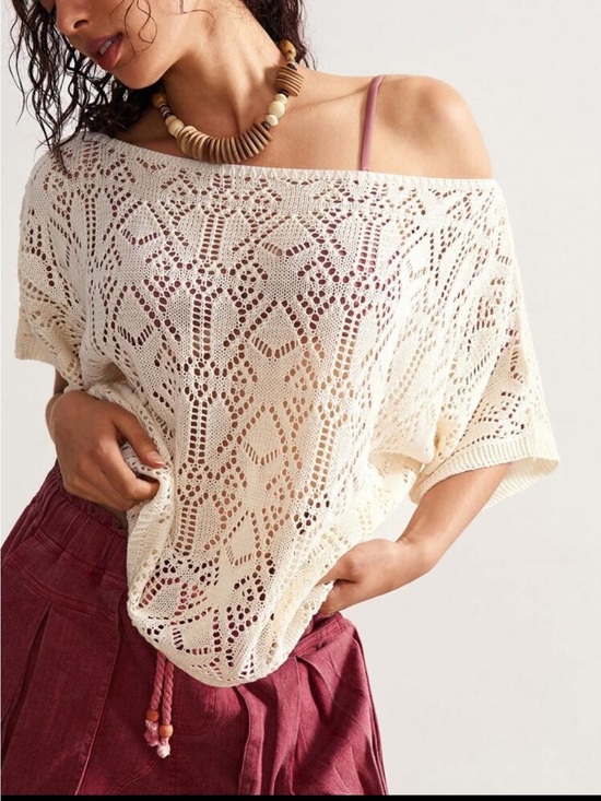 Sweaters - Open-Knit Cream Women’s Sweater - Lightweight Crochet Pullover